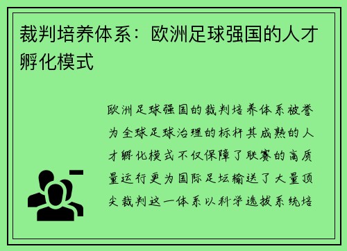 裁判培养体系：欧洲足球强国的人才孵化模式